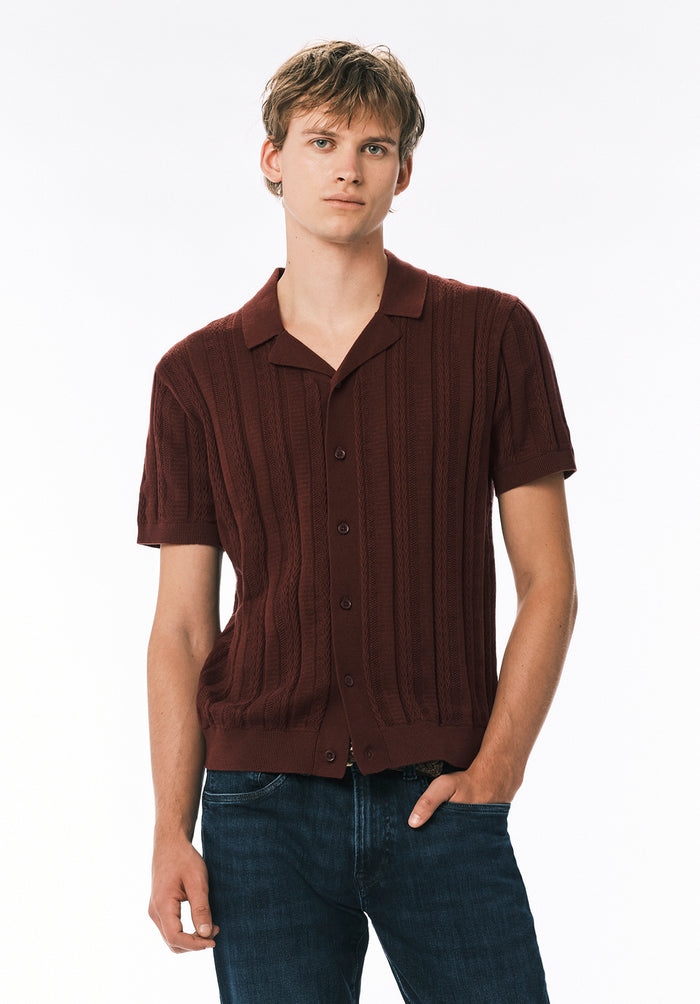 Buffalo Men Sweaters Brown Knit Sweaters Cable-Knit Spread Collar