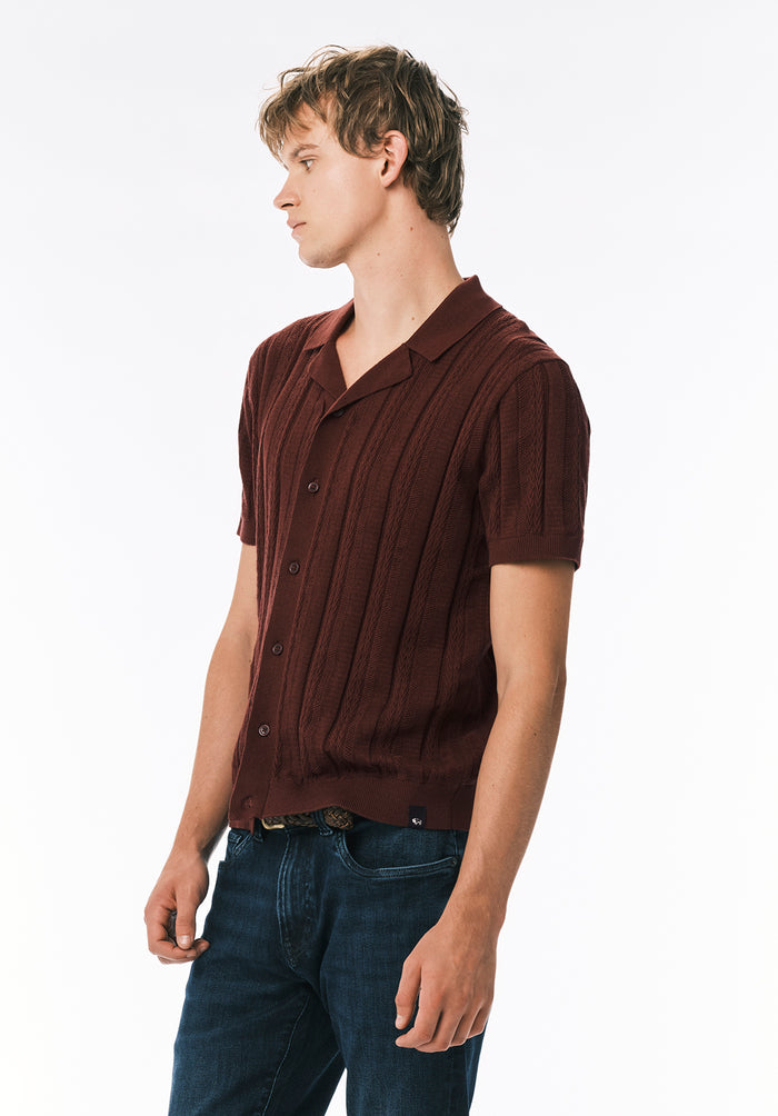 Buffalo Men Sweaters Brown Knit Sweaters Cable-Knit Spread Collar