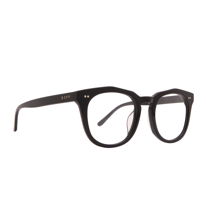 diff eyewear weston round glasses with a black acetate frame and prescription lenses angled view