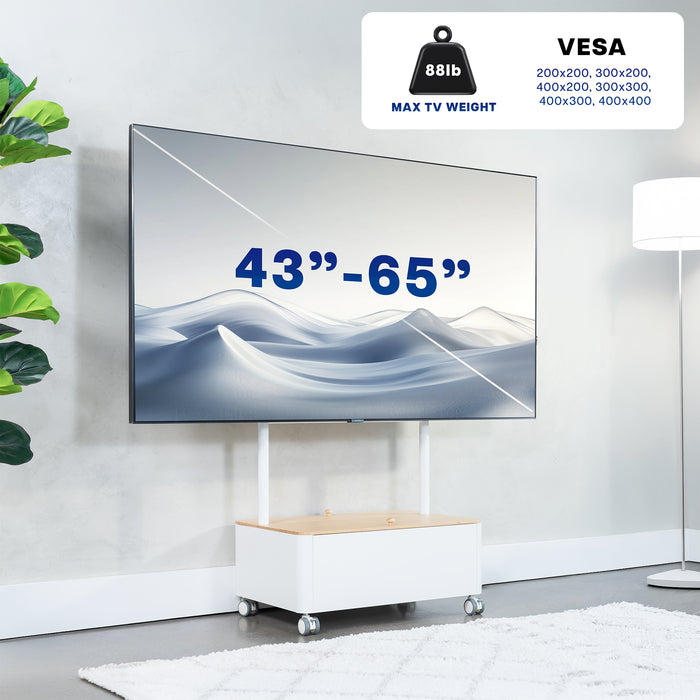 White / Bamboo Studio TV Cart w/ Storage Box - 43” to 65” Screens
