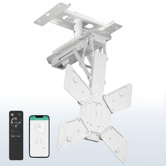 White adjustable TV mount with remote controls on a white background