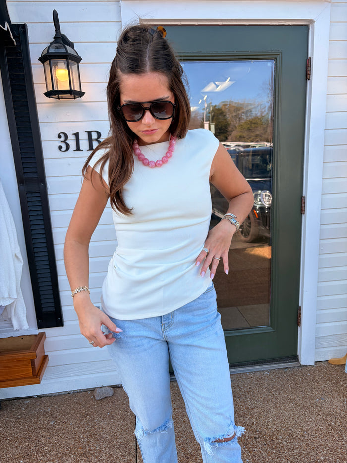white gathered top