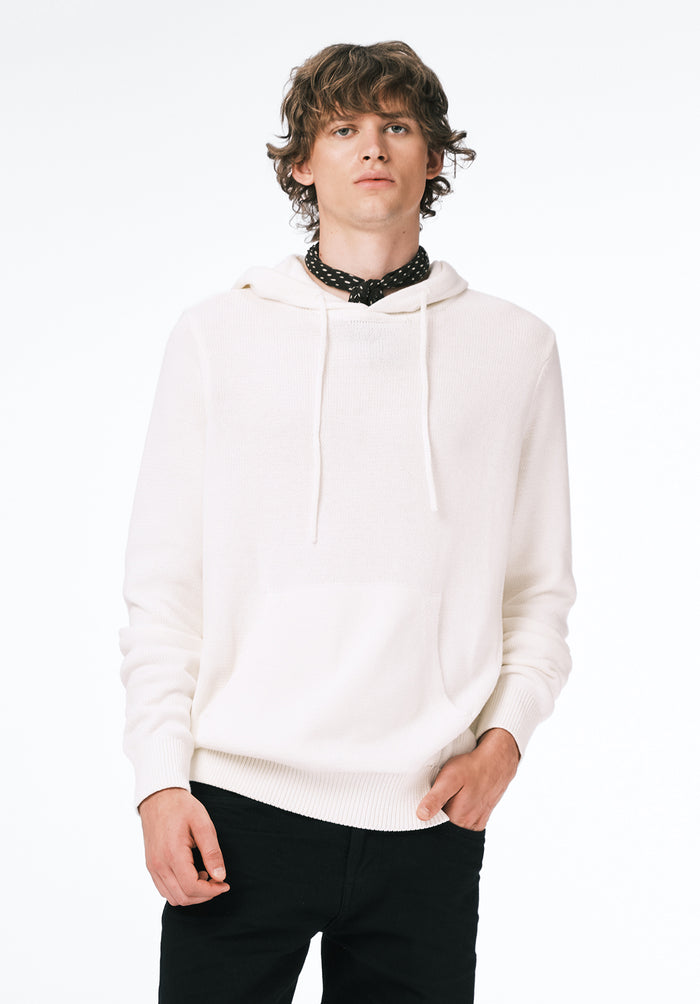Buffalo Men Sweaters White Knit Sweatshirt Kangaroo Pocket Drawstring