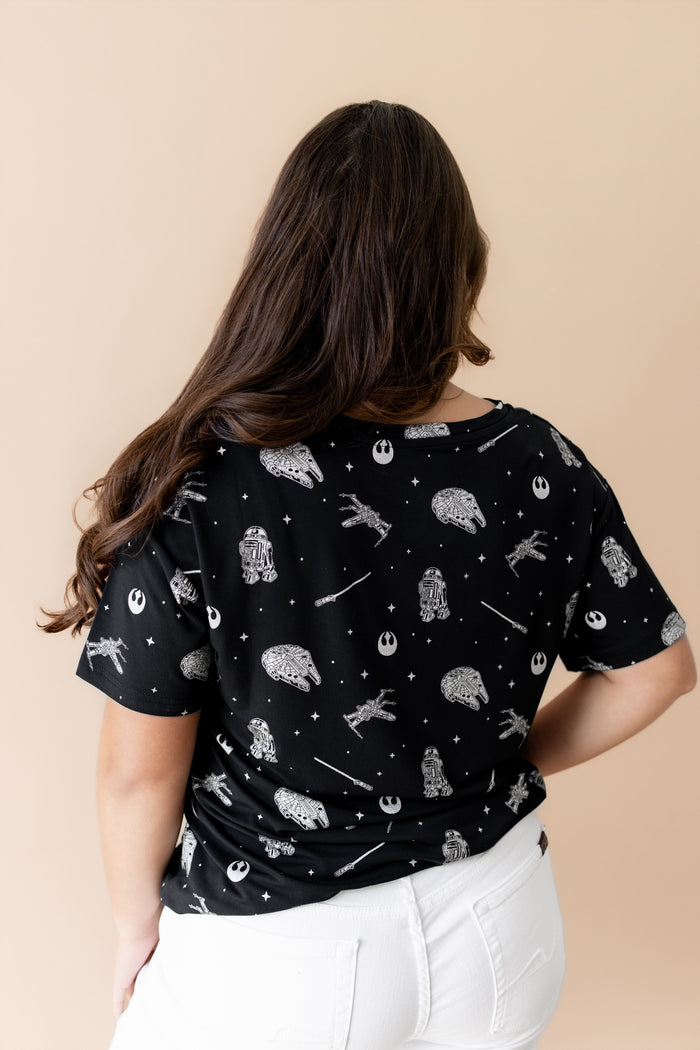 The back of the Women's Relaxed Fit V-Neck in STAR WARS™ shown on a model