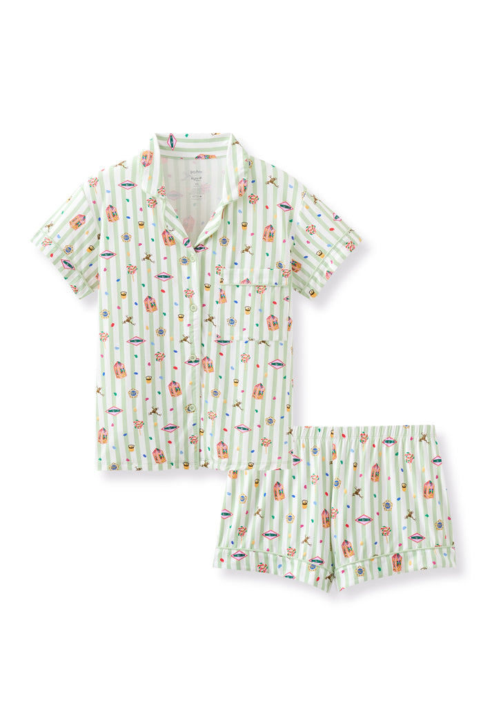 Women's Short Sleeve Pajama Set with colorful Harry Potter patterns on green and white striped fabric on a white background