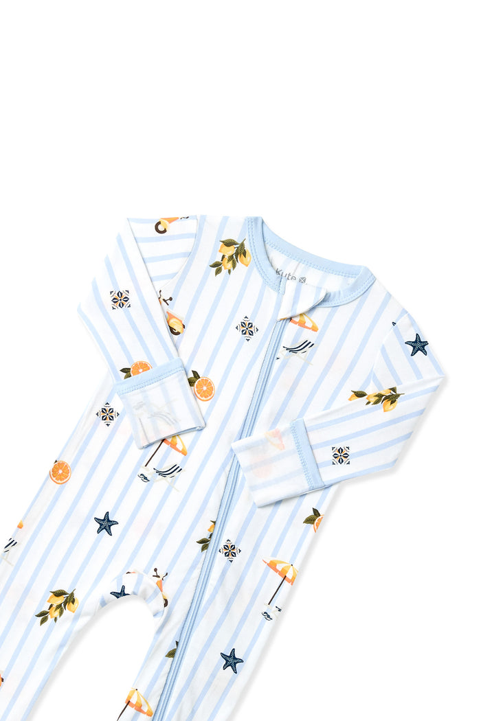 Zipper garage and fold over hand cuffs shown on the Zippered Romper in Amalfi Coast