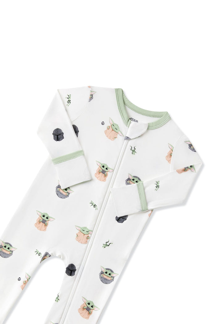 Close up of the zippered garage and fold over hand cuffs on the Zippered Romper in Grogu™
