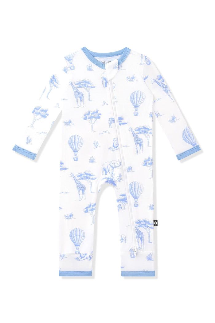 Product photo of the Zippered Romper in Toile Safari on a white background