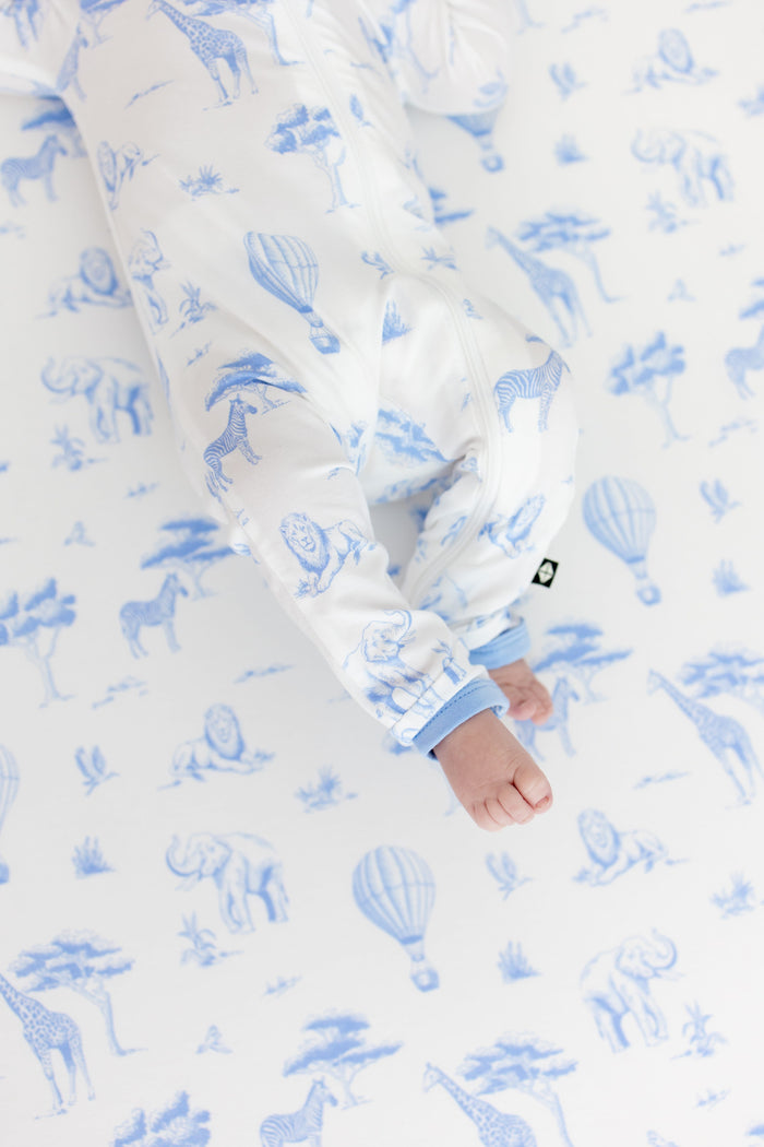The zipper closure on the leg of the Zippered Romper in Toile Safari