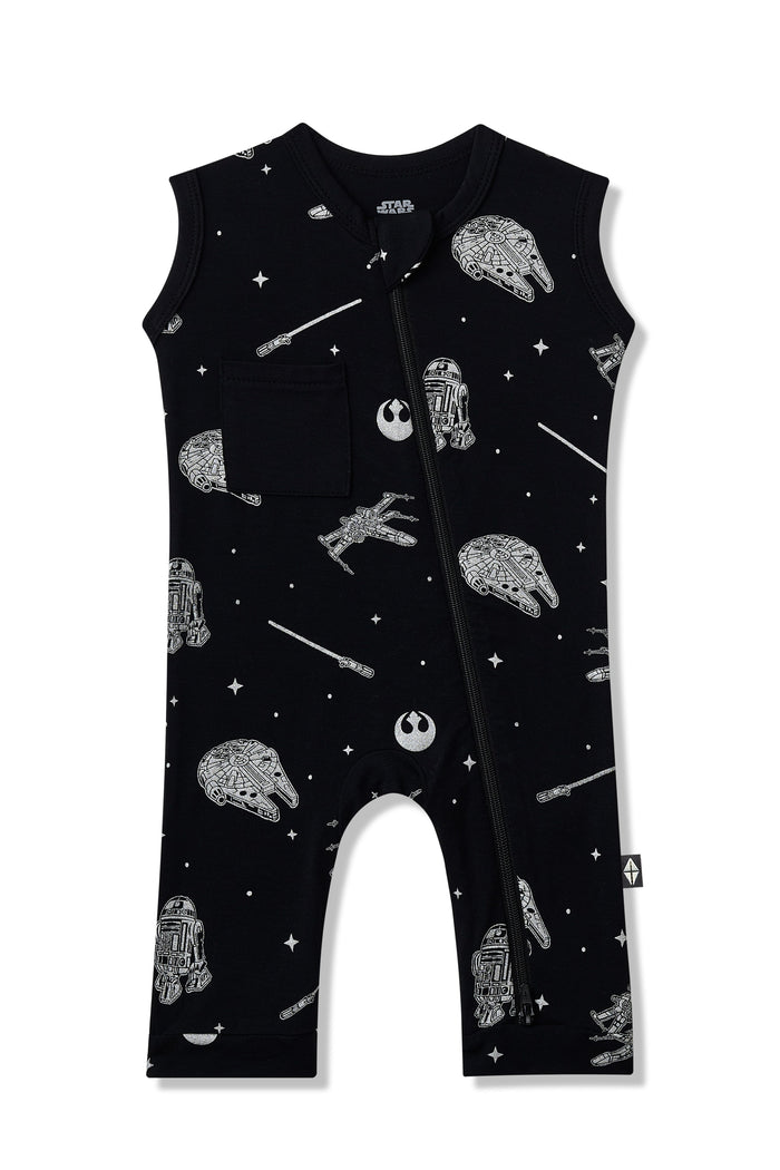 Product photo of the Zippered Sleeveless Romper in STAR WARS™ on a white surface